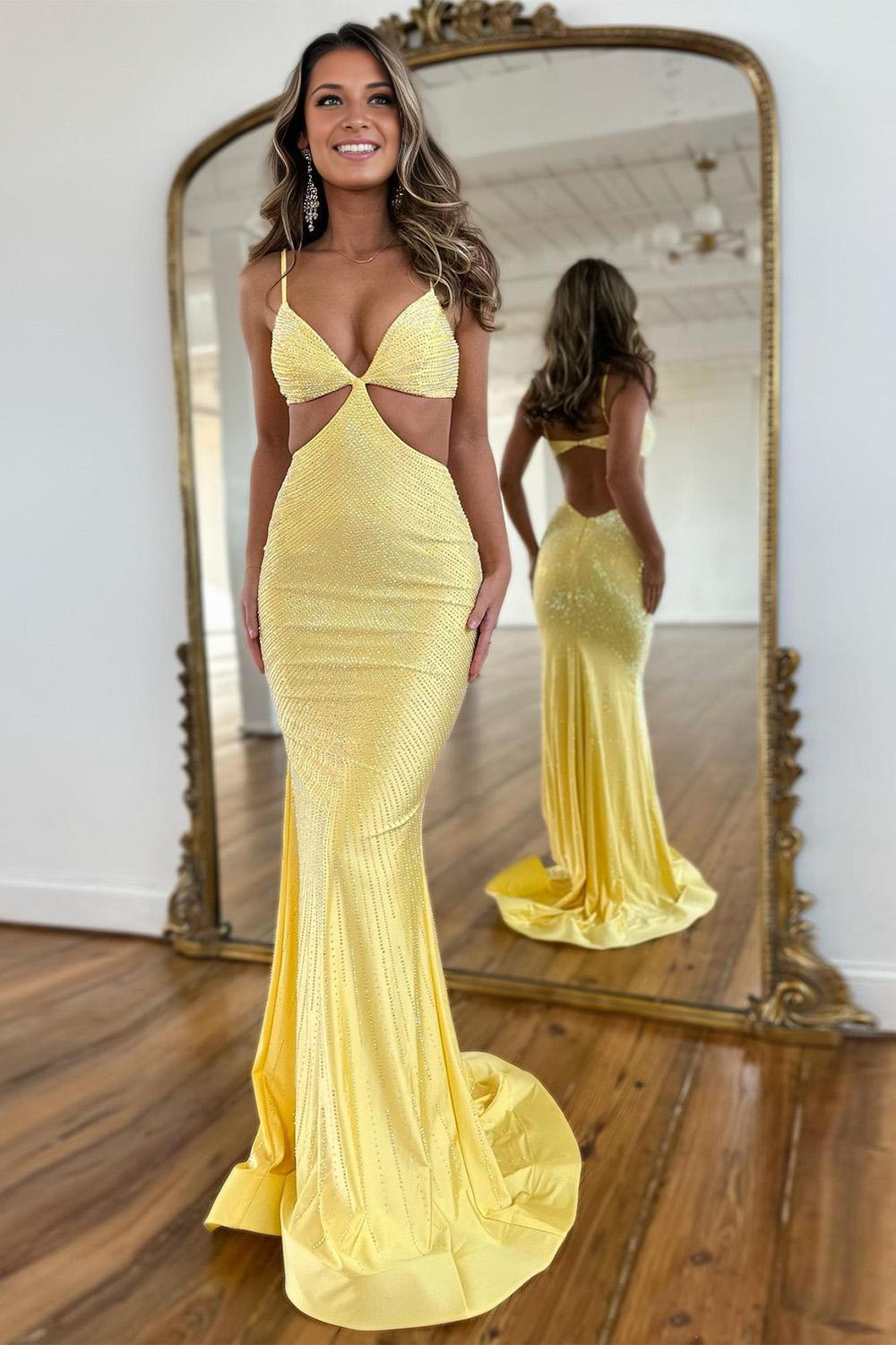 Orange Mermaid Spaghetti Straps Long Beaded Prom Dress