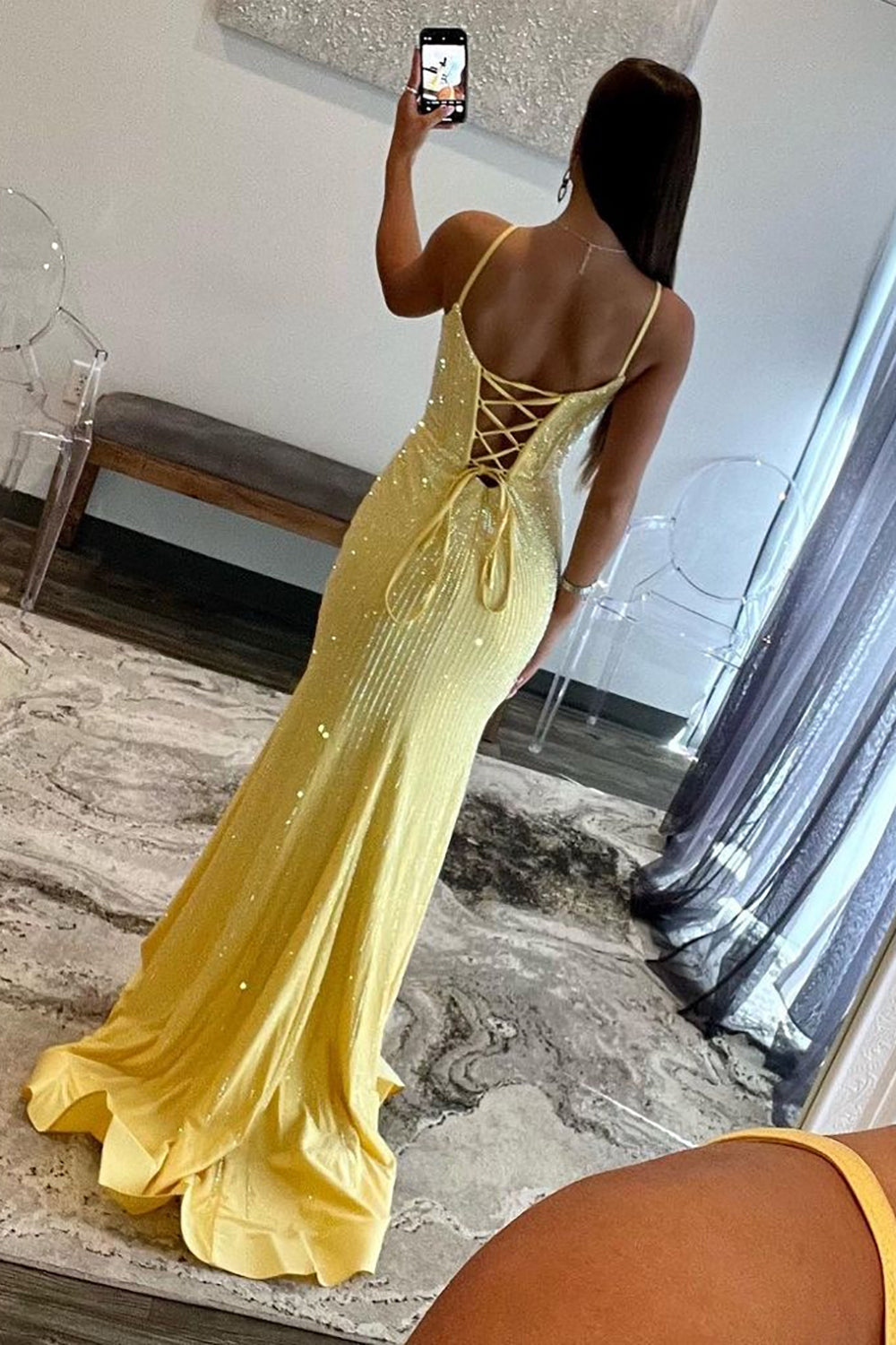 Mermaid Spaghetti Straps Long Beaded Prom Dress With Split