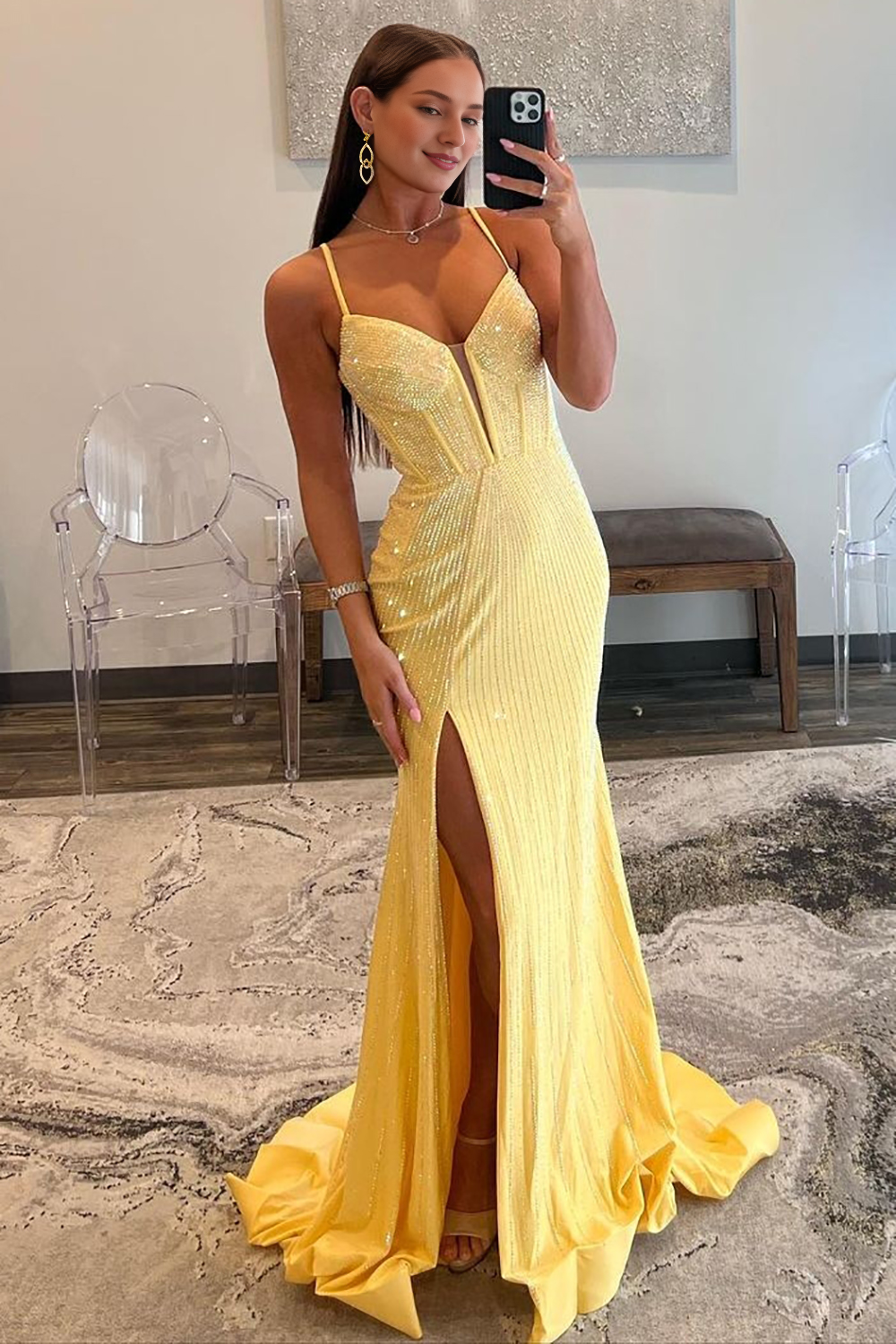 Mermaid Spaghetti Straps Long Beaded Prom Dress With Split
