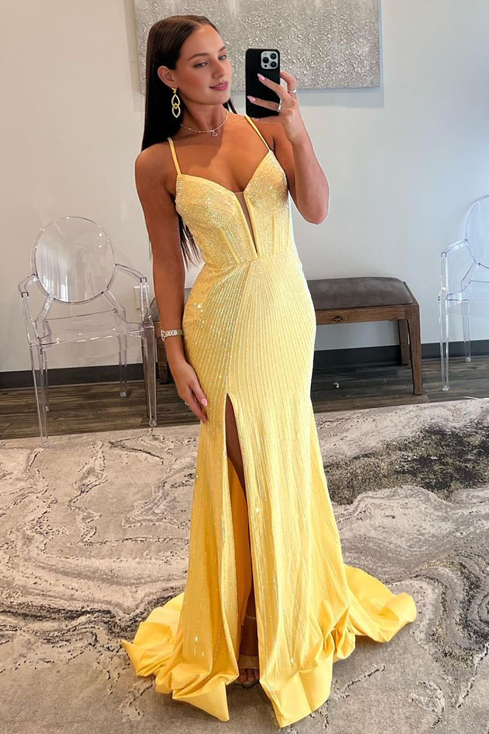 Mermaid Spaghetti Straps Long Beaded Prom Dress With Split