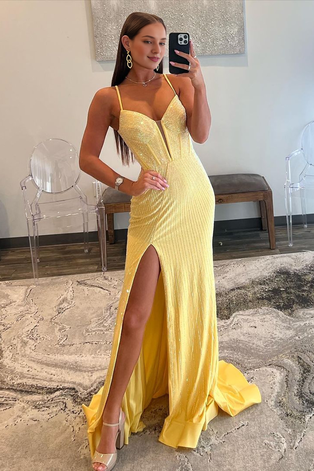 Mermaid Spaghetti Straps Long Beaded Prom Dress With Split