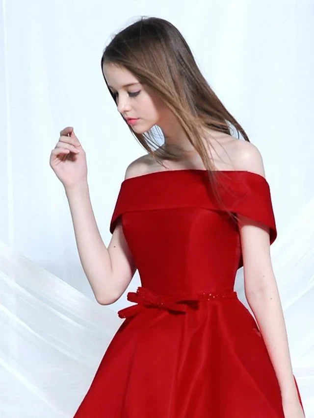 DingjiA-Line Elegant Engagement Cocktail Party Dress Off Shoulder Sleeveless Asymmetrical Satin with Bow(s)