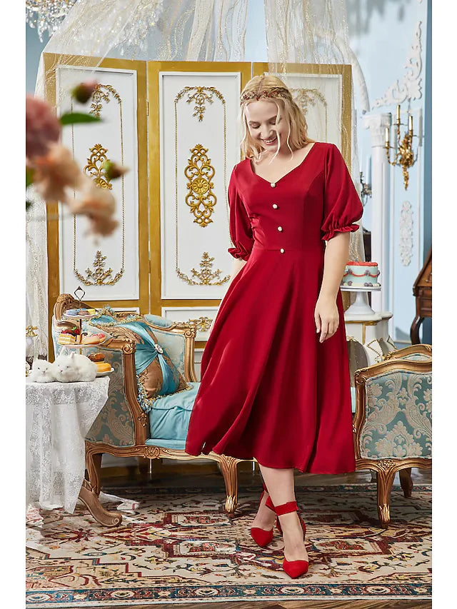 DingjiA-Line Plus Size Elegant Engagement Prom Dress V Neck Half Sleeve Tea Length Stretch Fabric with Buttons Pleats