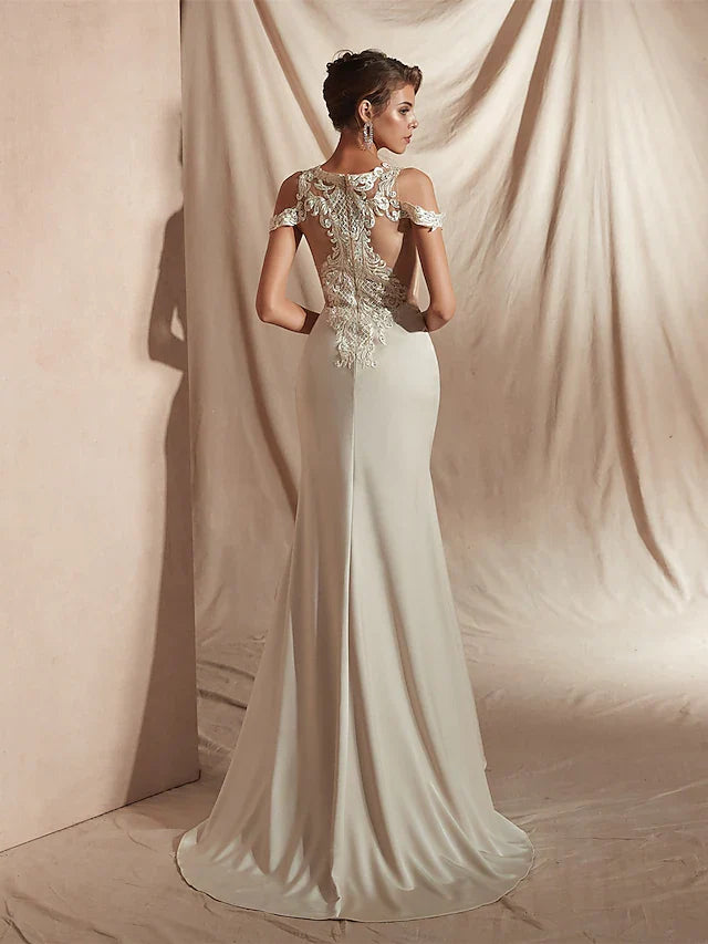 DingjiMermaid Trumpet Wedding Dresses V Neck Asymmetrical Matte Satin Short Sleeve Casual Sexy Illusion Detail Modern with Appliques