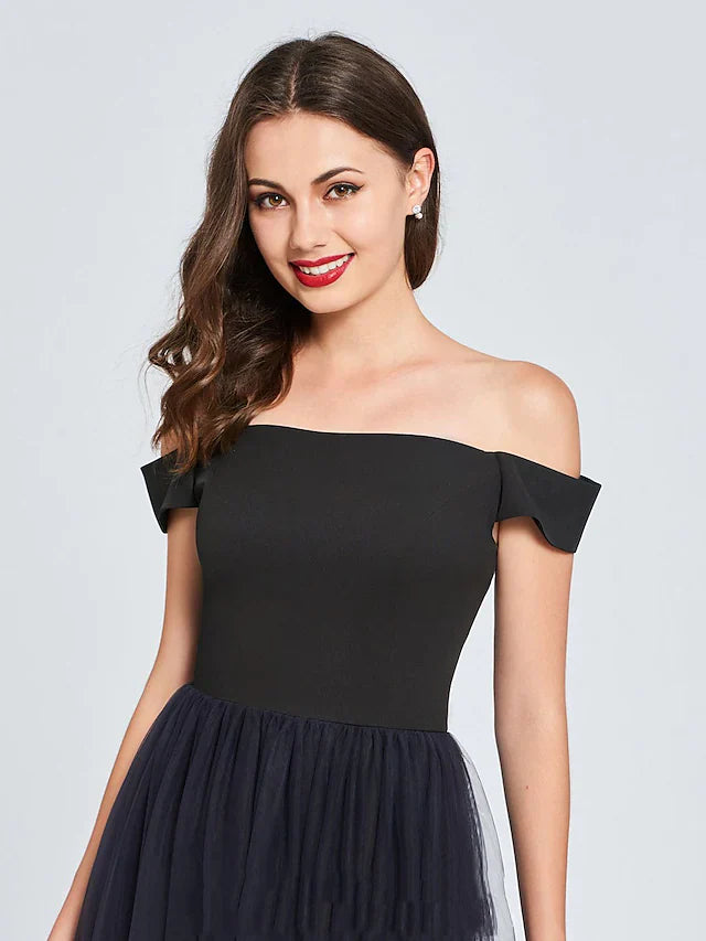 DingjiMinimalist Sexy Engagement Cocktail Party Dress Off Shoulder Sleeveless Short Mini Tulle with Pleats