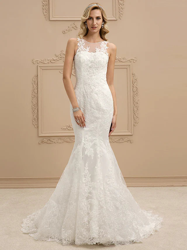 Dingji Wedding Dresses Bateau Neck All Over Lace Regular Straps Sexy Illusion Detail Backless with Beading Appliques