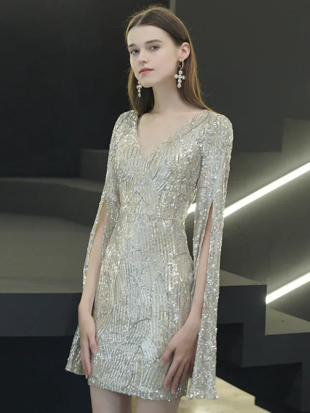 DingjiSparkle Elegant Homecoming Cocktail Party Dress V Neck Long Sleeve Short Mini Sequined with Sequin Split