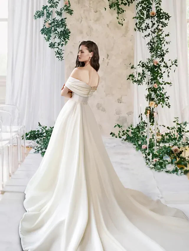 DingjiA-Line Wedding Dresses Off Shoulder Court Train Taffeta Sleeveless Simple Luxurious with Pleats Ruched Split Front