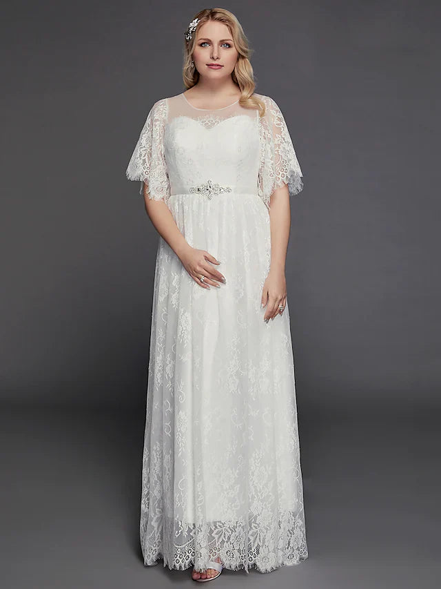 DingjiA-Line Wedding Dresses Illusion Neck Jewel Neck Floor Length Lace Tulle Half Sleeve Formal Boho Little White Dress See-Through with Beading Lace Insert