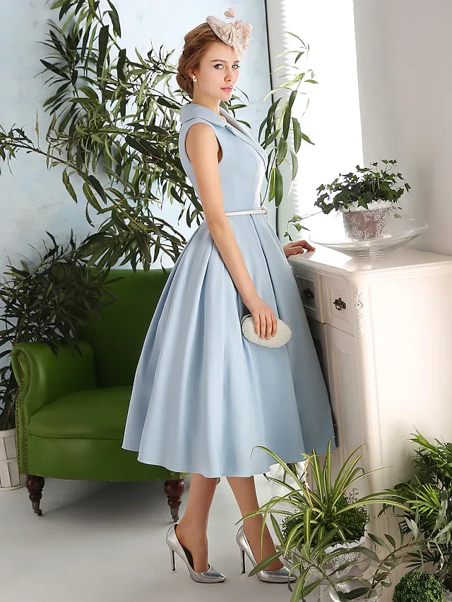 DingjiA-Line Elegant Vintage Inspired Cocktail Party Prom Dress V Neck Sleeveless Tea Length Spandex with Sash Ribbon