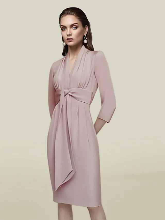 Mother of the Bride Dress Elegant V Neck Knee Length Charmeuse Length Sleeve with Sash Ribbon Pleats