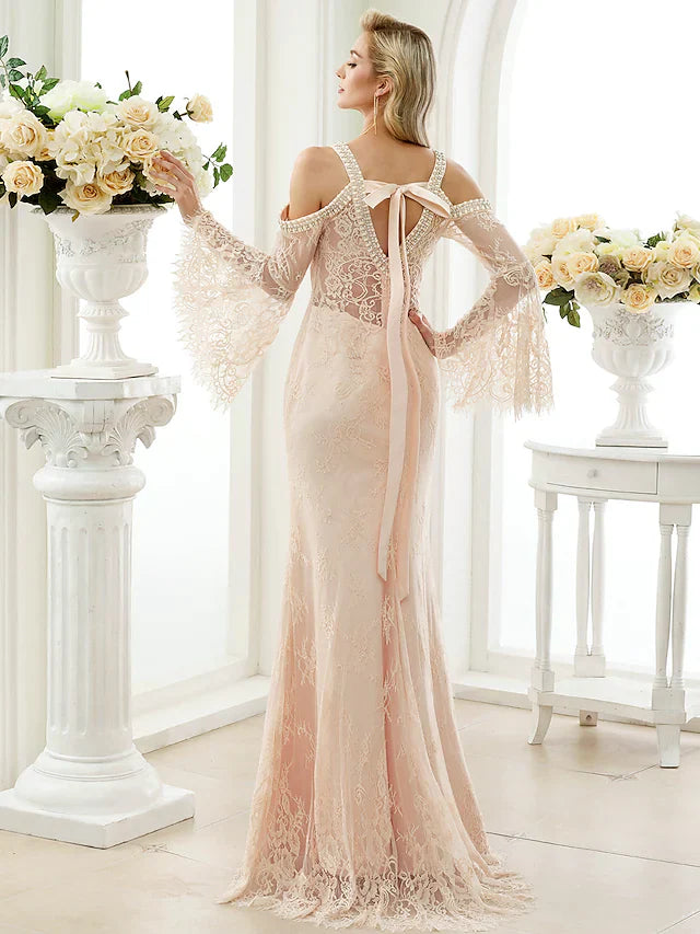 DingjiWedding Dresses Plunging Neck Sheer Lace Long Sleeve Wedding Dress in Color Open Back Floral Lace with Bow(s) Crystals