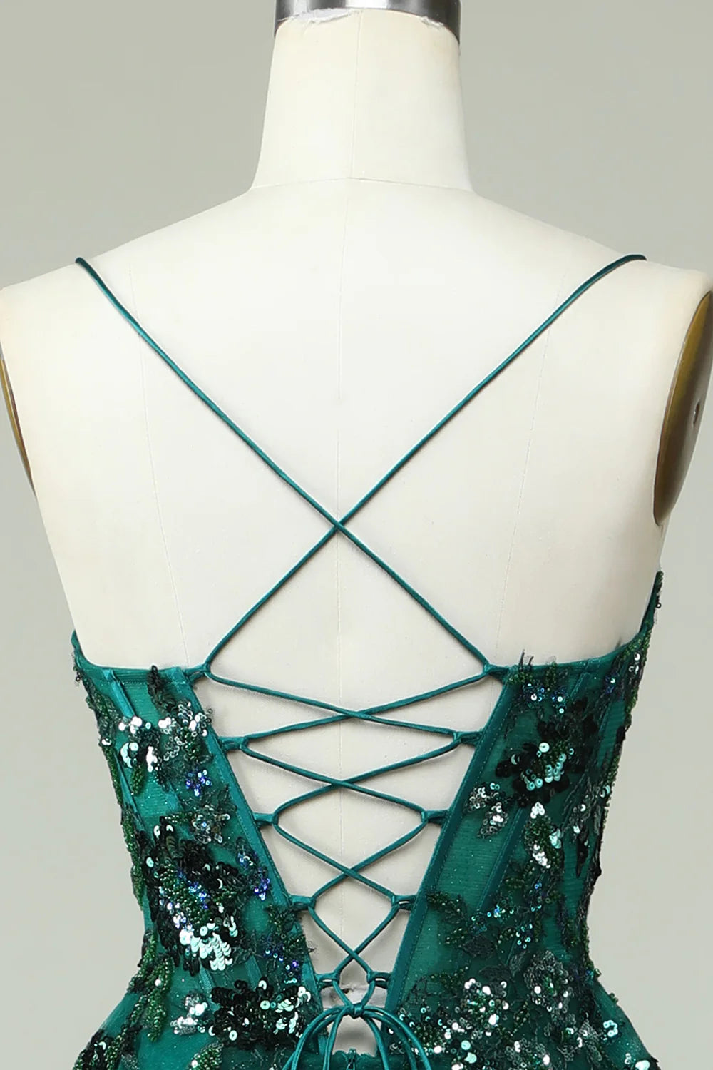 A Line Spaghetti Straps Dark Green Corset Prom Dress with Appliques