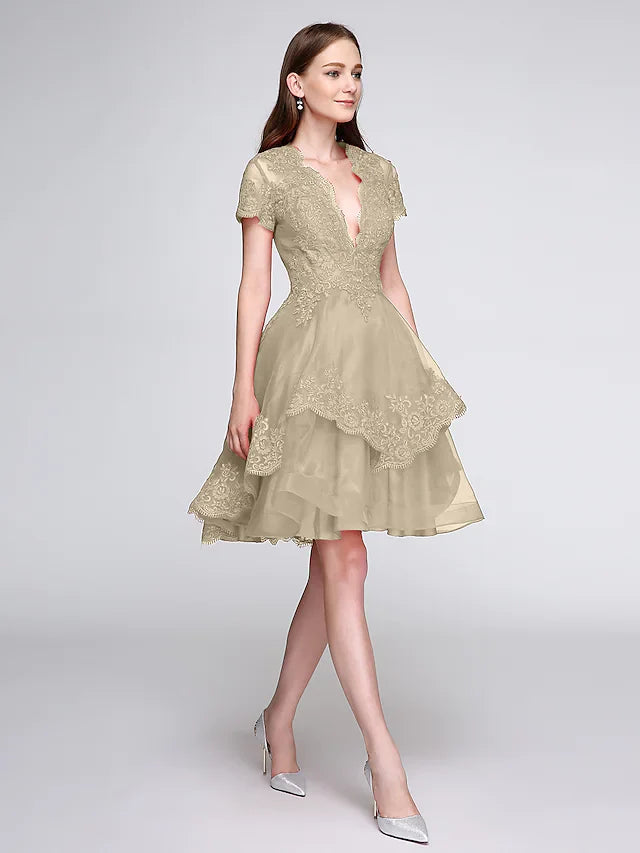 DingjiBall Gown Elegant Cute Cocktail Party Prom Dress Plunging Neck Short Sleeve Knee Length Organza Lace Over Tulle with Buttons Appliques