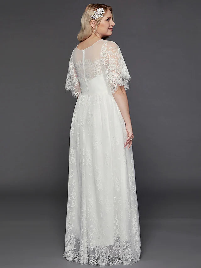 DingjiA-Line Wedding Dresses Illusion Neck Jewel Neck Floor Length Lace Tulle Half Sleeve Formal Boho Little White Dress See-Through with Beading Lace Insert