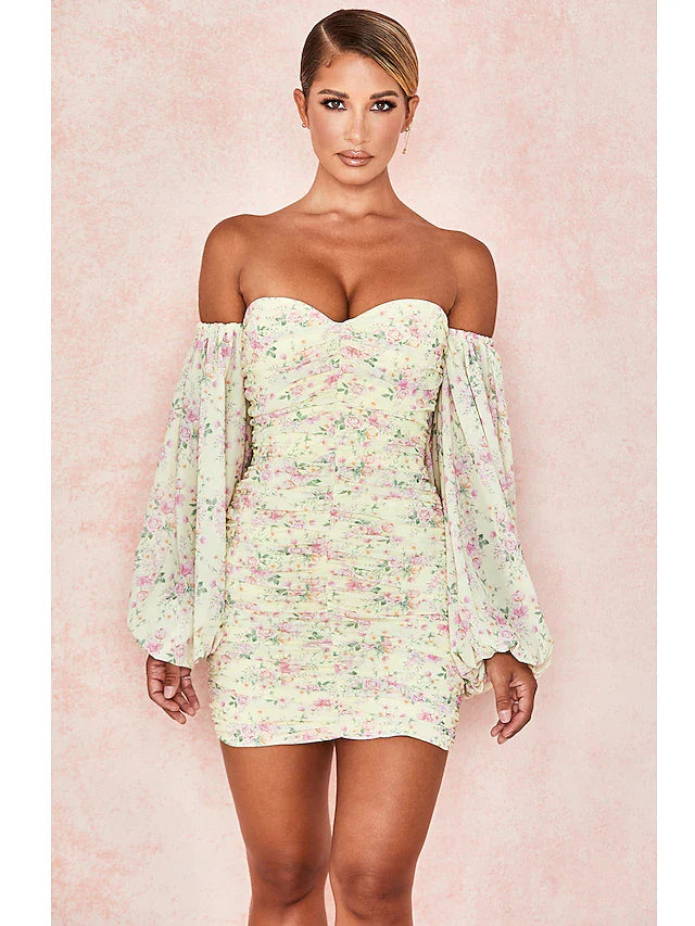 DingjiSexy Floral Party Wear Cocktail Party Dress Off Shoulder Long Sleeve Short Mini Spandex with Ruched Pattern Print