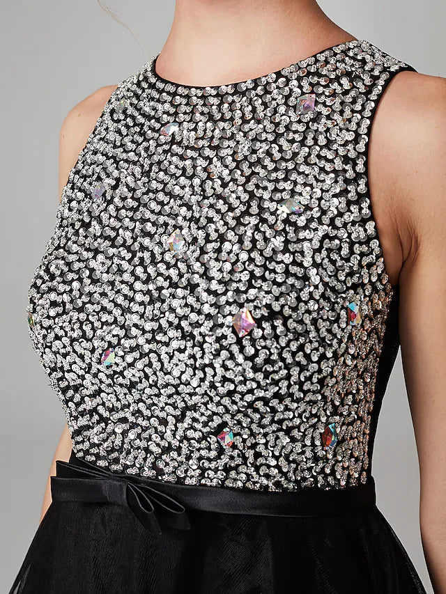 DingjiBall Gown Sparkle & Shine High Low Keyhole Cocktail Party Prom Dress Jewel Neck Sleeveless Knee Length Satin Tulle with Beading Cascading Ruffles