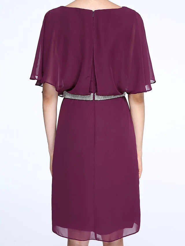 Mother of the Bride Dress Elegant Bateau Neck Knee Length Chiffon Half Sleeve with Crystals