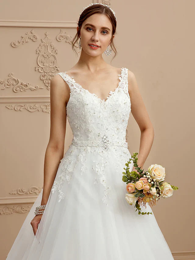 DingjiBall Gown Wedding Dresses V Neck Court Train Tulle Beaded Lace Lace Over Tulle Spaghetti Strap Glamorous Illusion Detail Backless with Beading Appliques