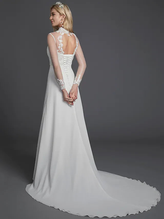 DingjiA-Line Wedding Dresses High Neck Court Train Chiffon Lace Long Sleeve Vintage Plus Size Backless with Lace Buttons