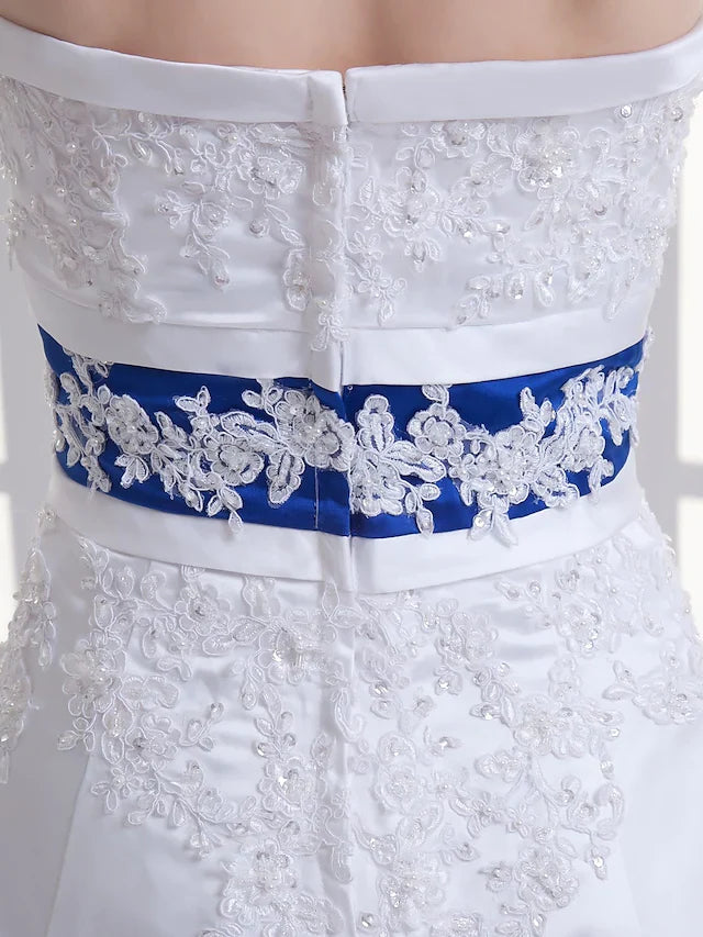 A-Line Wedding Dresses Strapless Court Train Lace Satin Strapless with Sashes Ribbons Beading Appliques