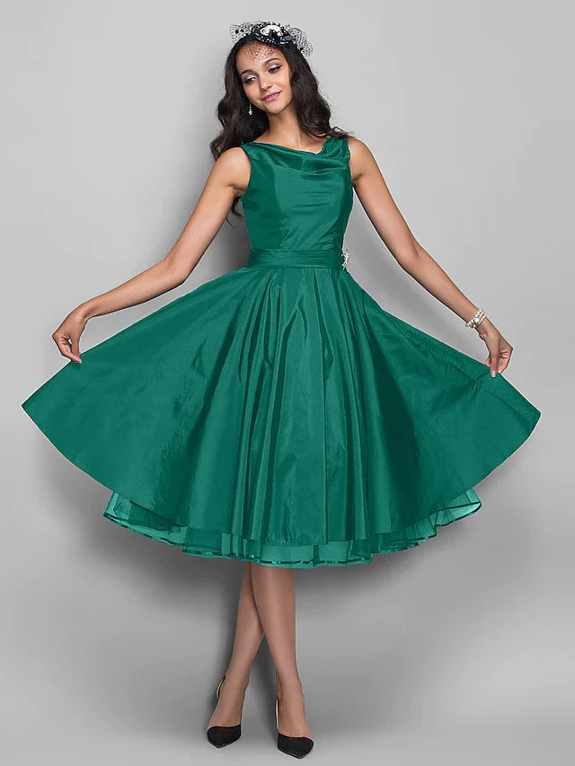 DingjiBall Gown Cocktail Party Prom Dress V Neck Sleeveless Knee Length Taffeta with Pleats Crystals