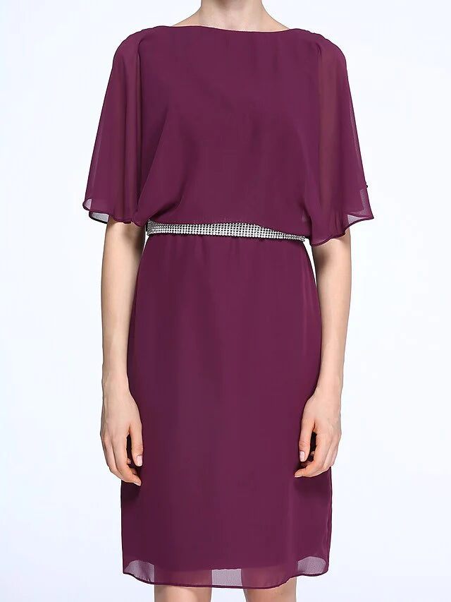 Mother of the Bride Dress Elegant Bateau Neck Knee Length Chiffon Half Sleeve with Crystals