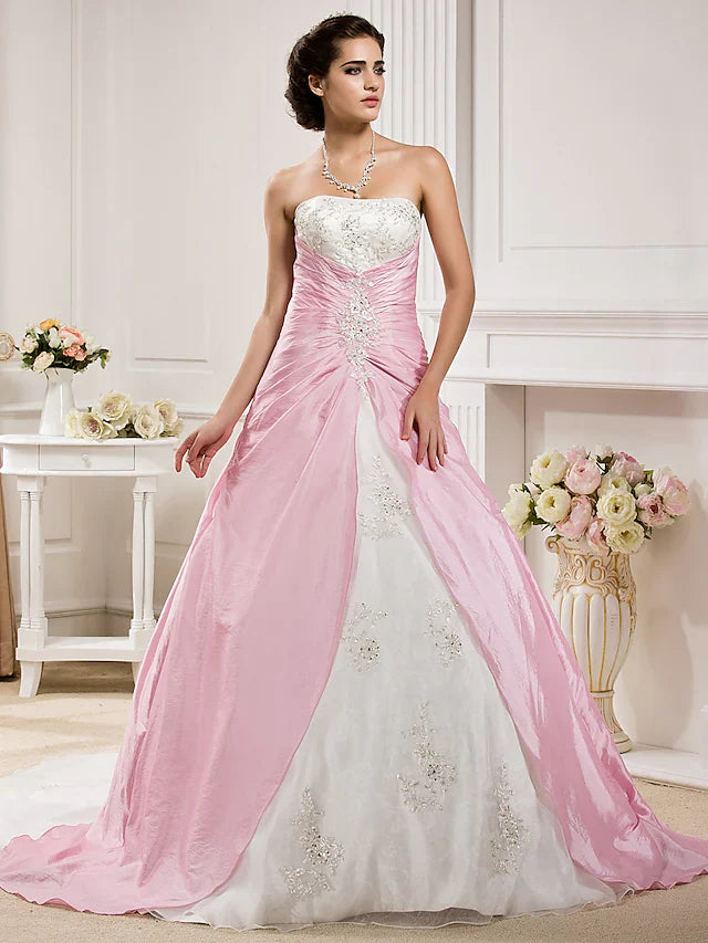 DingjiBall Gown Wedding Dresses Strapless Chapel Train Organza Taffeta Strapless Wedding Dress in Color with Ruched Beading Appliques