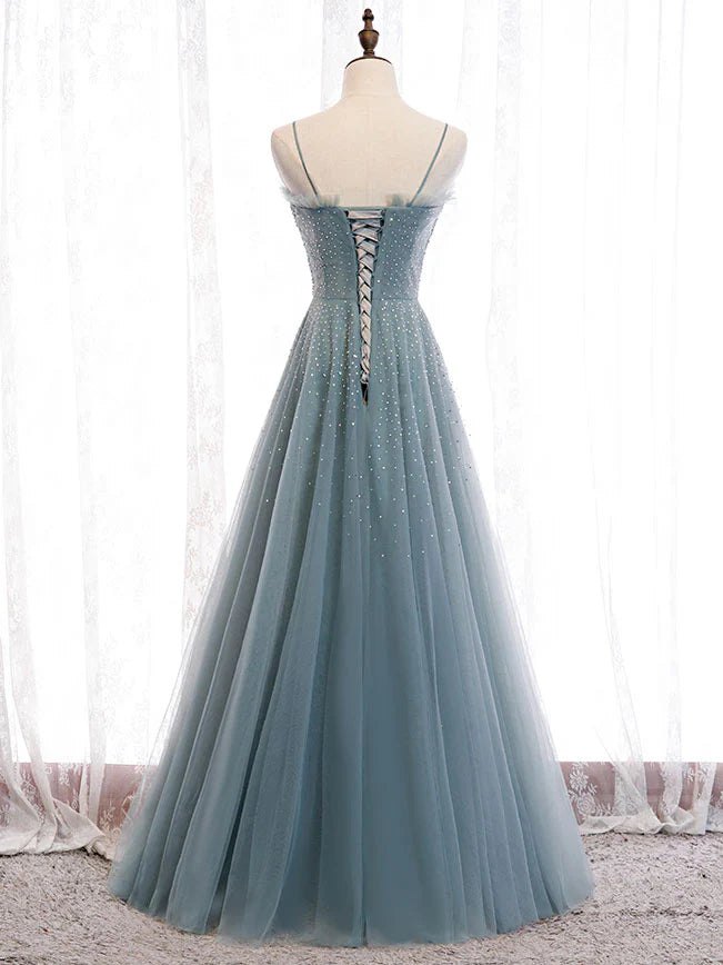 Sweetheart Neck Tulle Sequin Long Prom Dress Green Evening Dress