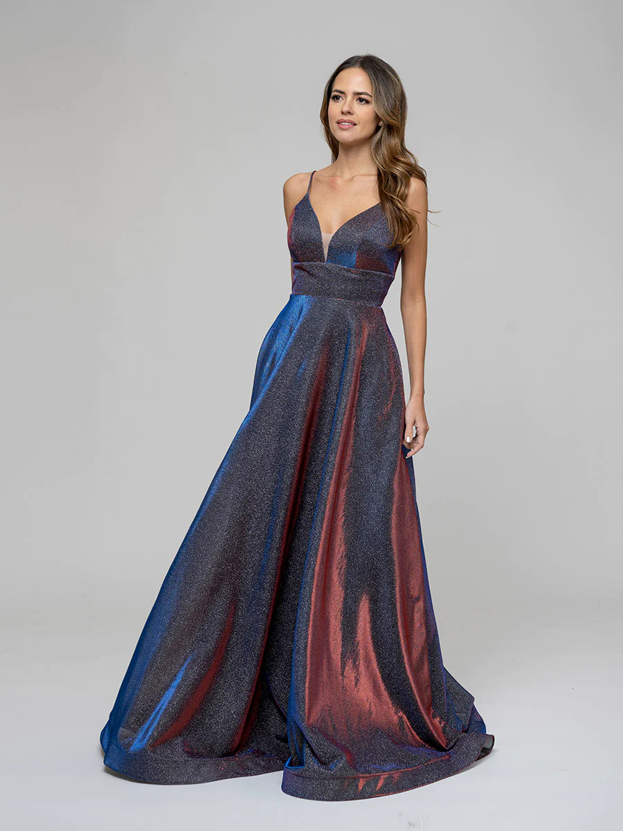 A Line Lace-up Spaghetti Straps Metallic Glitter Prom Dresses