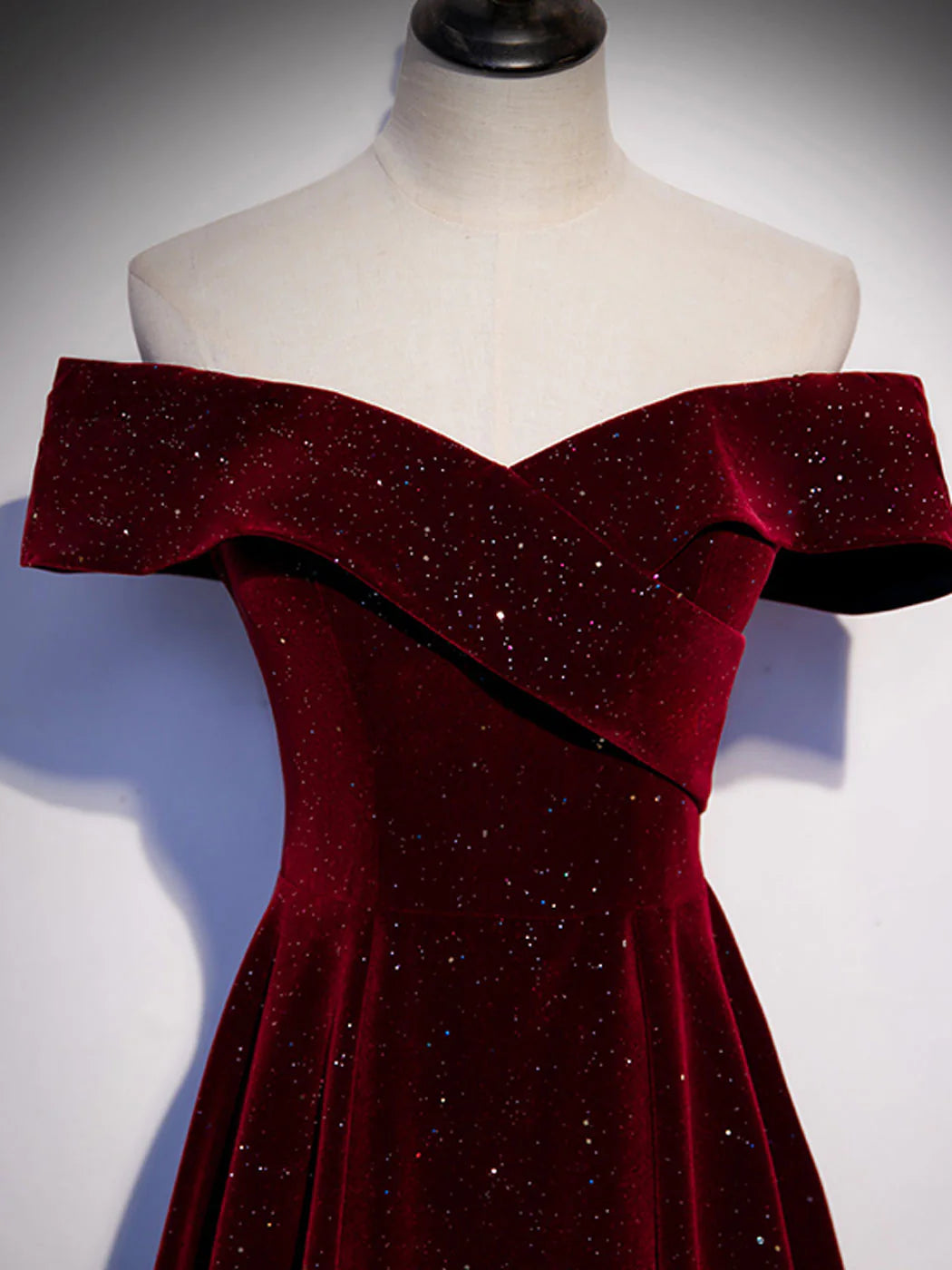 A-Line Off Shoulder Velvet Burgundy Long Prom Dress