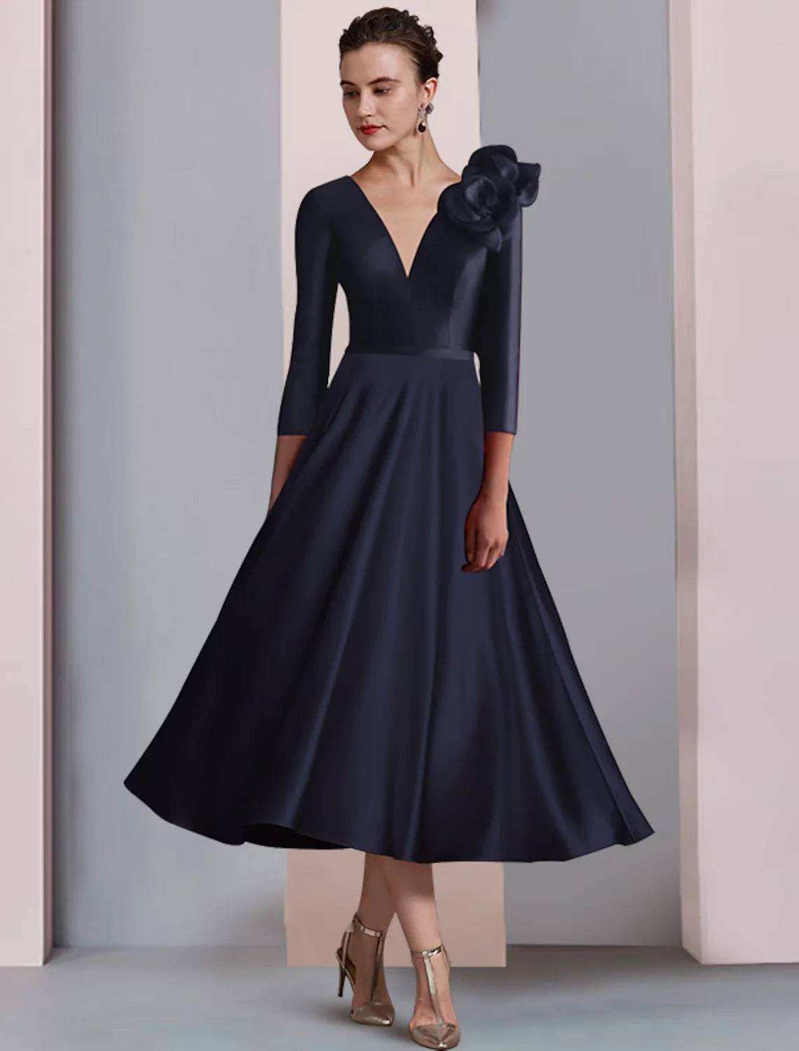 A-Line Mother of the Bride Dress Wedding Guest Elegant V Neck Tea Length Satin 3/4 Length Sleeve with Pleats Flower