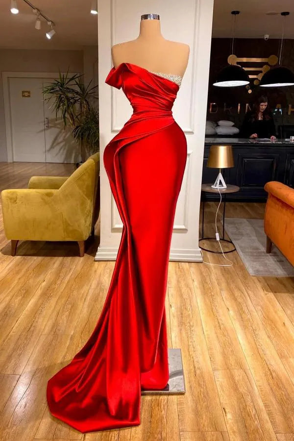 Red Long Mermaid Strapless Satin Prom Dress with