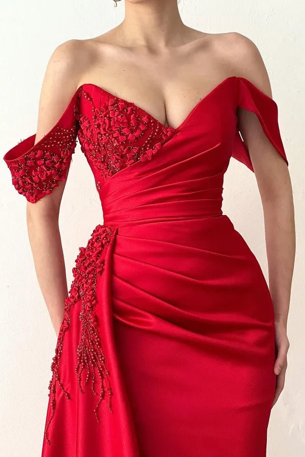 Red Long Mermaid Off the Shoulder Satin Lace Evening Prom Dresses