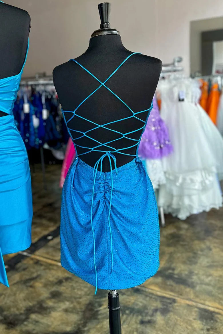 V-Neck Lace-Up Homecoming Dresses