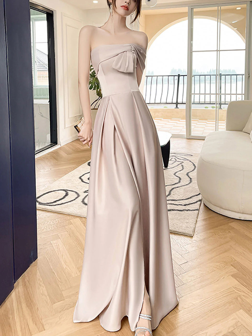 A line Long Prom Dress Champagne Bridesmaid Dresses