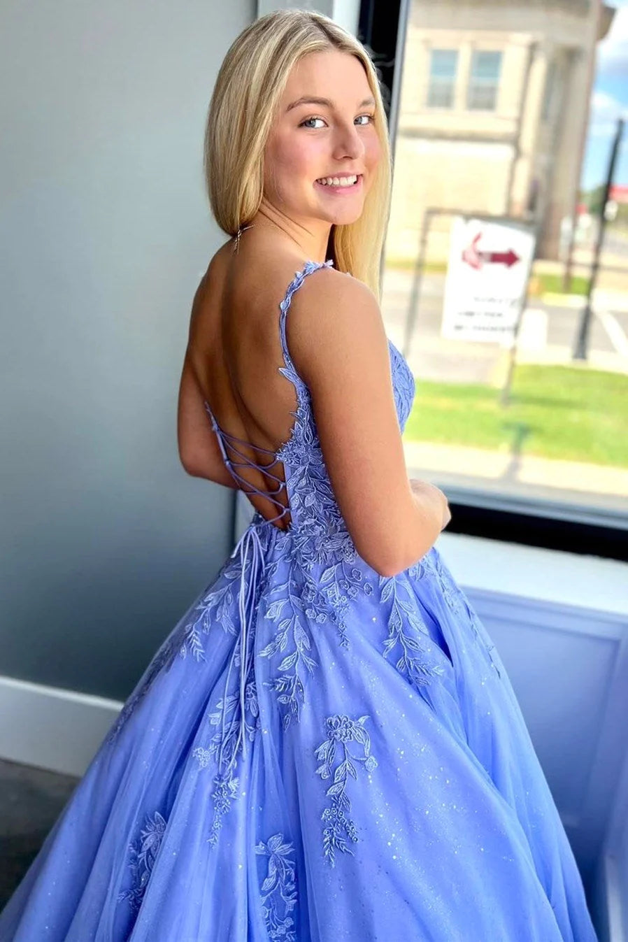 Periwinkle Tulle Appliques Lace-Up A-Line Long Prom Dress