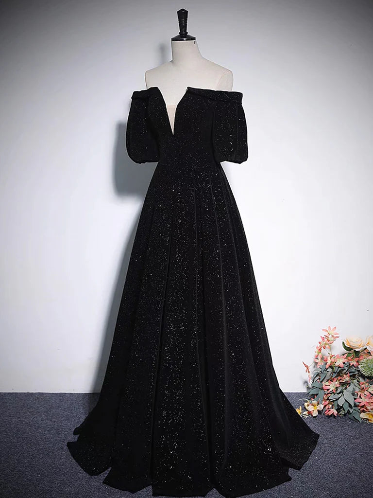 A-Line V Neck Velvet Black Long Prom Dress