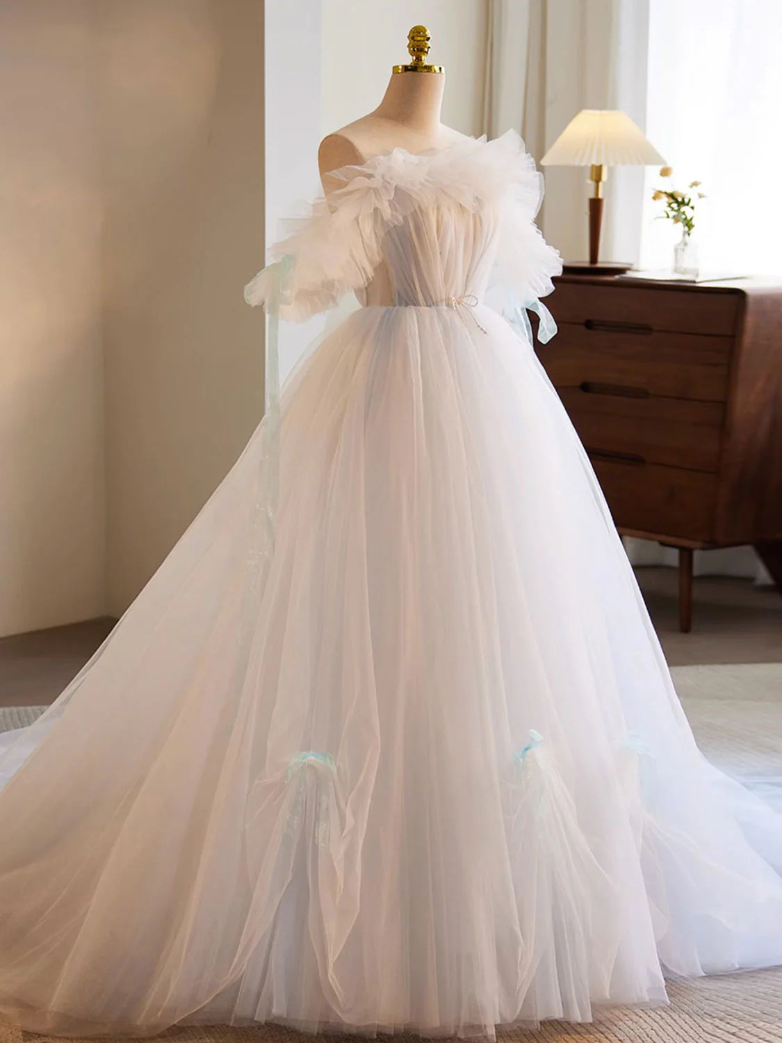 A-Line Tulle Long Wedding Dress White Formal Dress