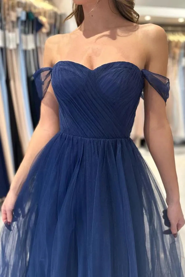Long A-line Strapless Off the Shoulder Tulle Prom Dress
