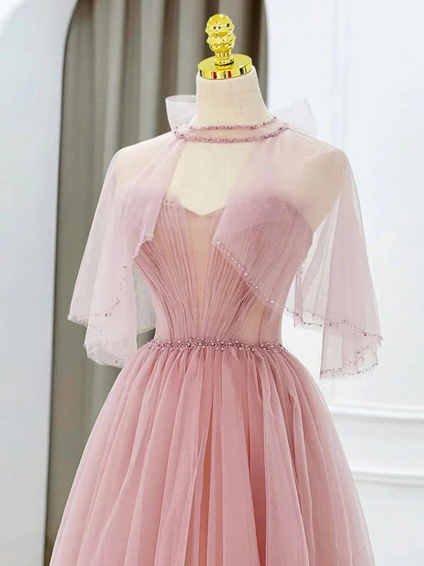 Tulle Tea Length Prom Dress Pink Tulle Formal Dress