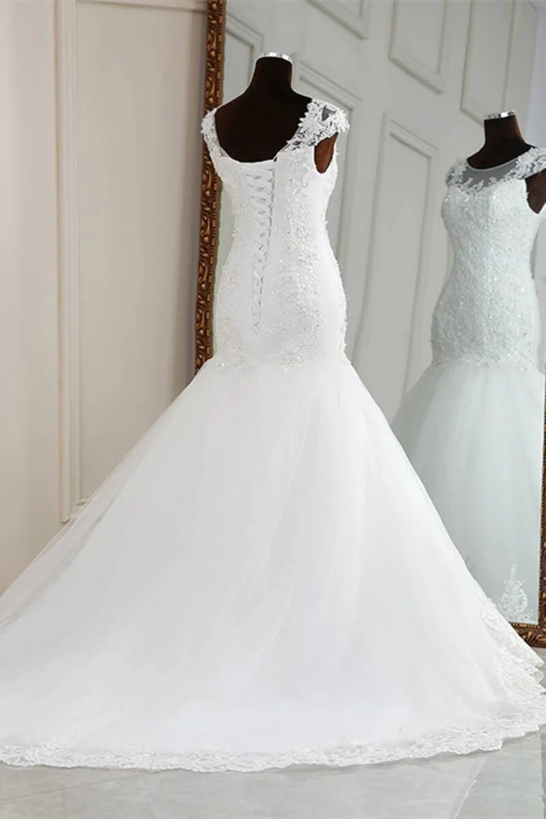 Elegant White Beaded Embroidered Cap Sleeve Trumpet Wedding Dress