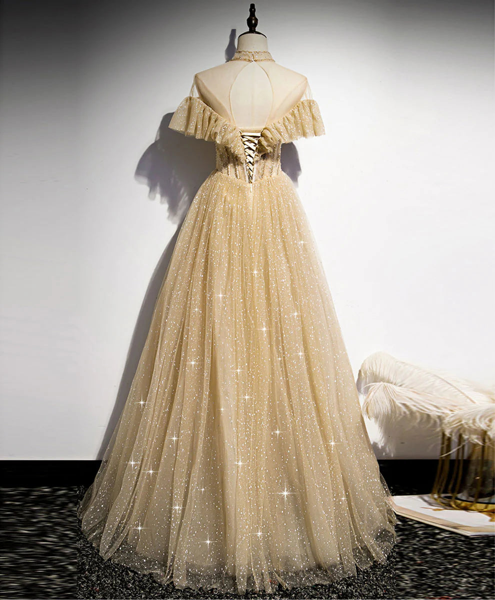 Long Prom Dress Aline Champagne Graduation Dress with Beading