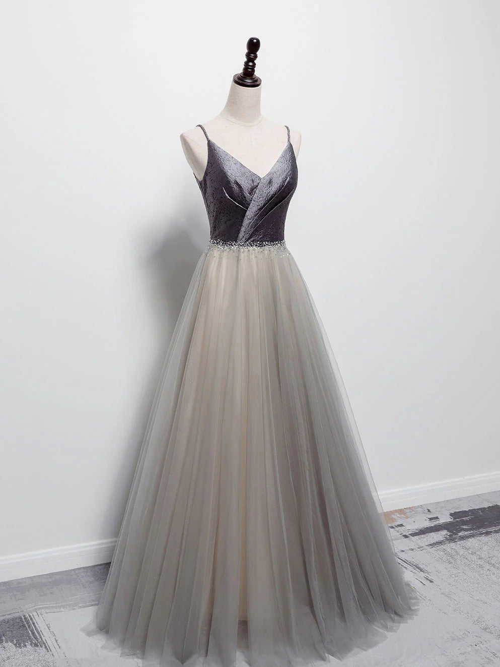 Gray V Neck Tulle Long Prom Dress Gray A line Gray Formal Dresses