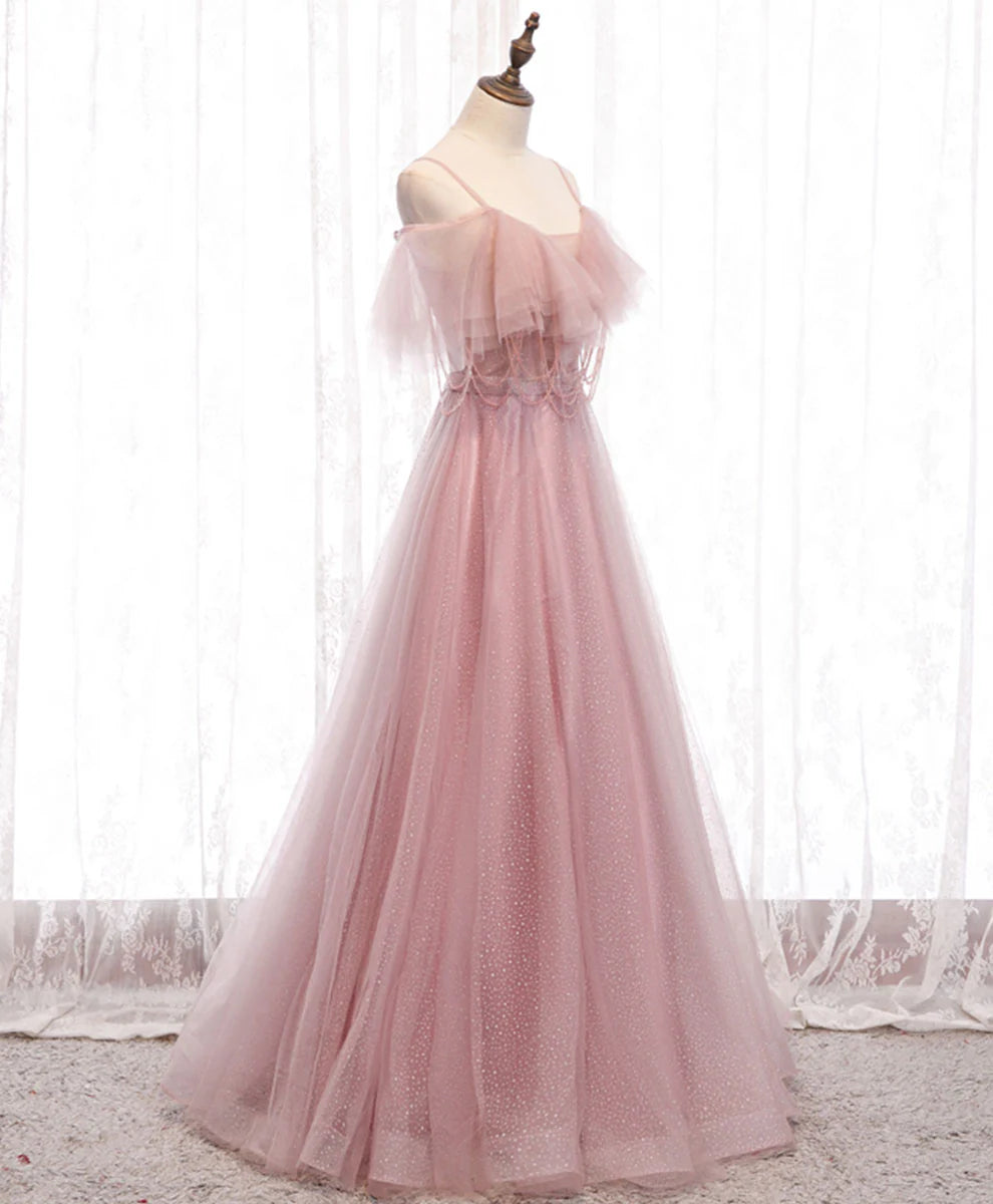 Sweetheart Tulle Long Prom Dress Pink Tulle Formal Dress