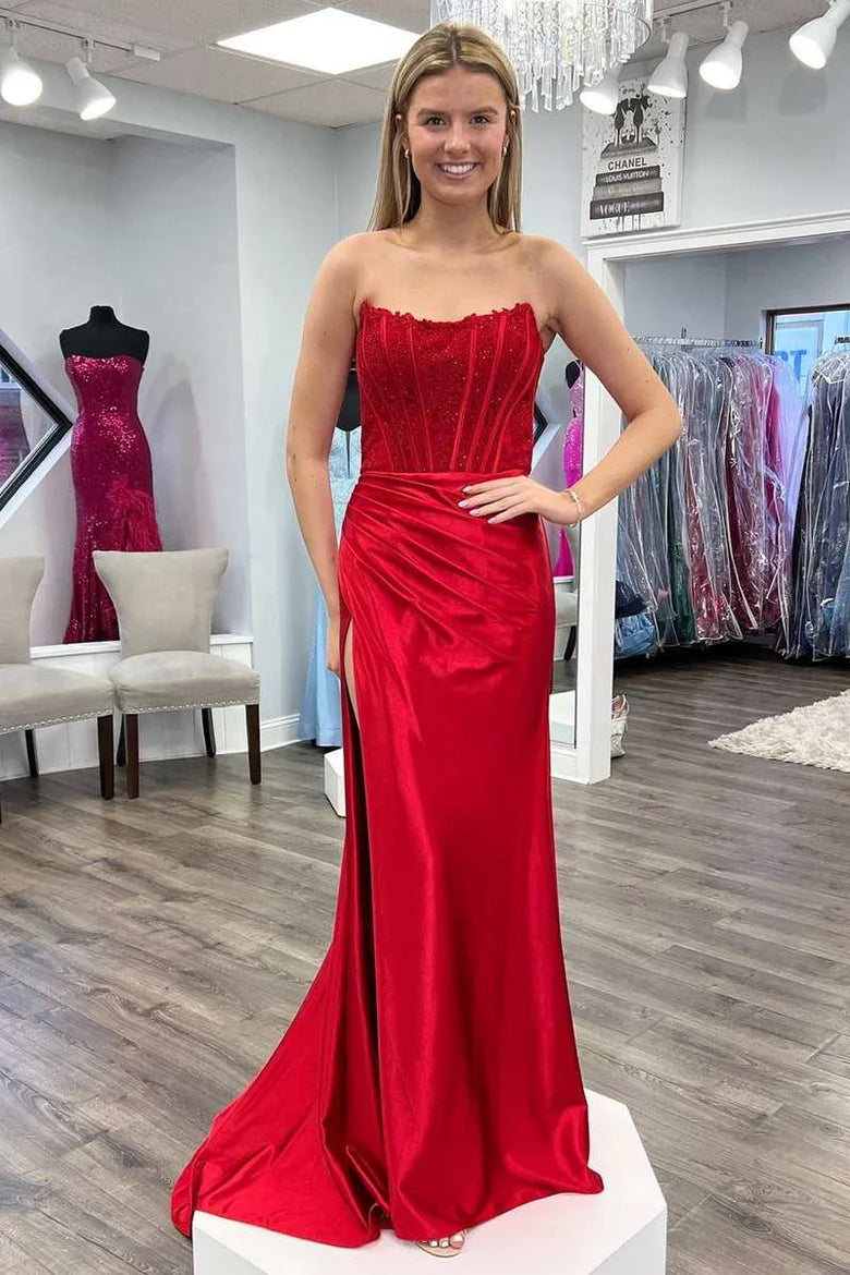 Mermaid Lace Satin Strapless Ruching Long Prom Dress with Slit