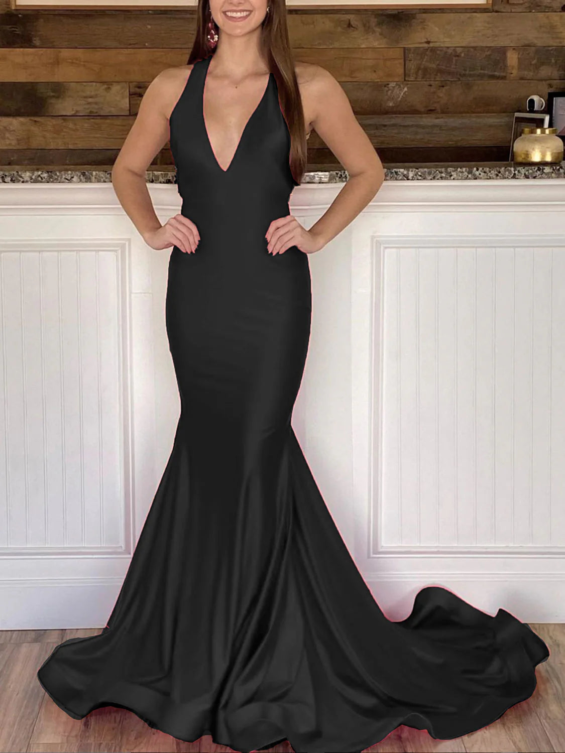 V Neck Satin Long Prom Dress Red Backless Evening Dress