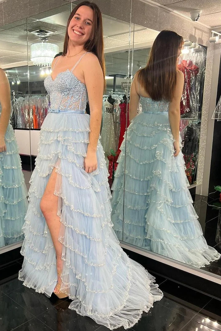Lace Beaded Ruffle Tiered Long Prom Dress with Slit