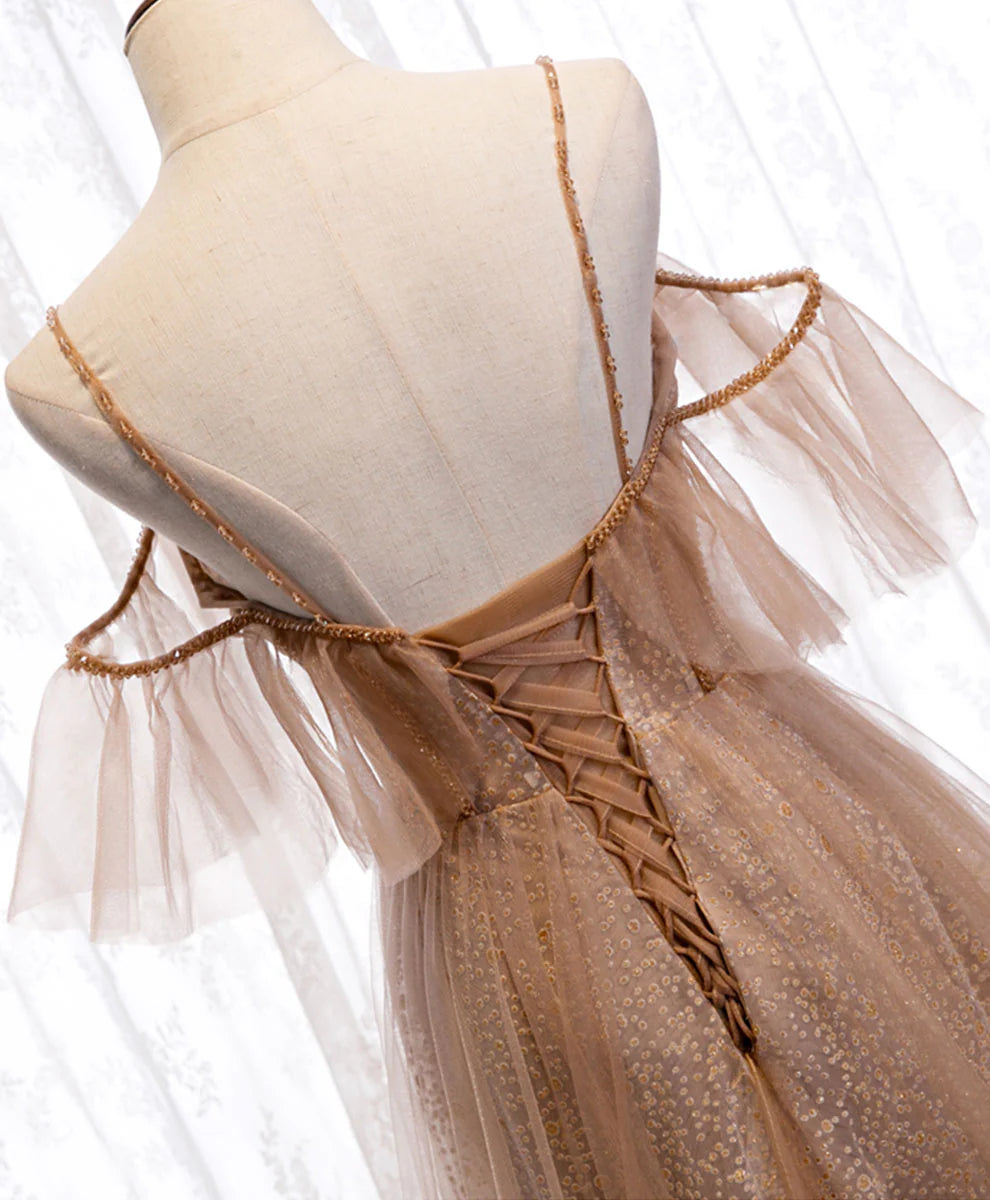 Tulle Sequin Long Prom Dress Champagne Evening Dress