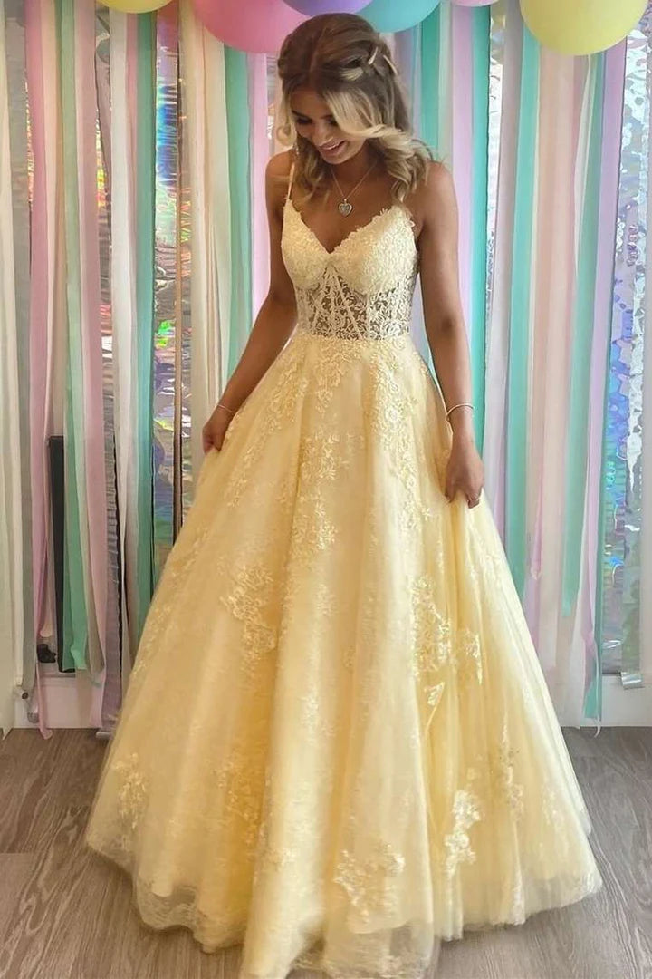 Yellow V-Neck Lace-Up Back Long Prom Dress